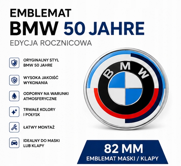 Znaczek BMW Czarny Biały 82mm Emblemat Przód Logo 50 Jahre BMW M Power Nowe - obrazek 3